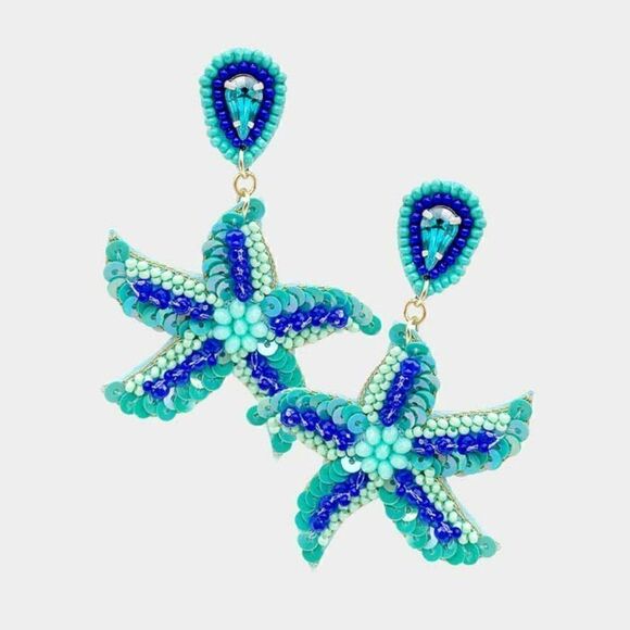 Starfish Teal Blue Seed Bead Earrings - Picture 4 of 6